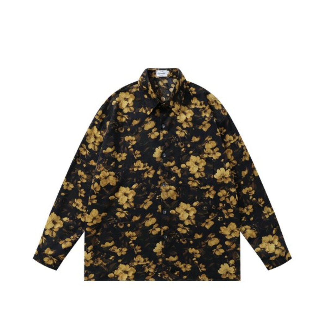 Black Gold Ditsy Floral Print Long Sleeve Shirt